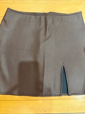 Streetwear Society Dark Brown Faux Leather Mini Skirt with Front Slit